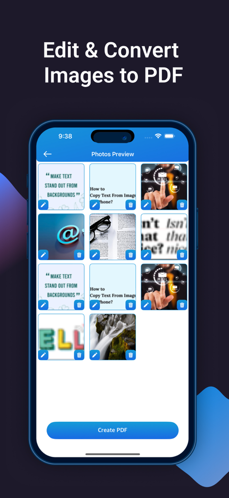 PDF Compressor: Scan & Edit - Interfaccia dell'app mobile che mostra un'anteprima della galleria di foto per selezionare e modificare immagini per creare un documento PDF.