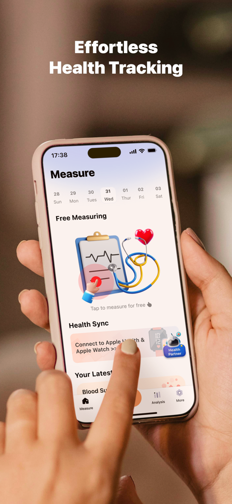 Health Partner: Pulse & Sugar - Una persona che tiene in mano uno smartphone che mostra la schermata di misurazione dell'app Health Partner per un monitoraggio senza sforzo della frequenza cardiaca e della glicemia