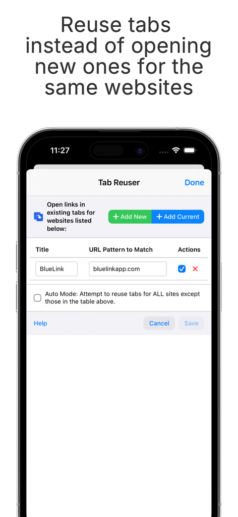 Tab Reuser - Interface of the Tab Reuser app settings page showing how to add website URL patterns to reuse existing browser tabs.