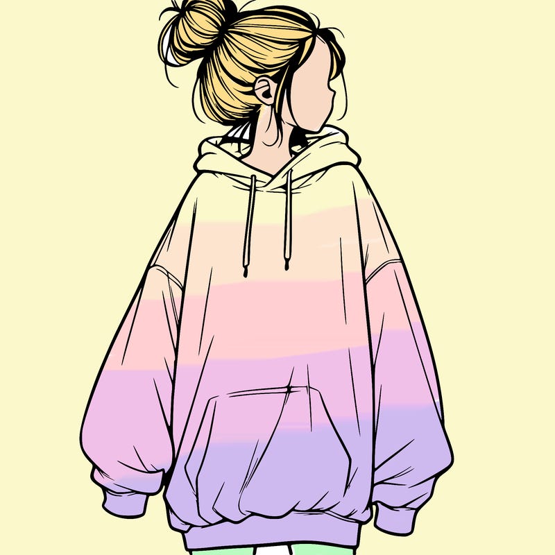 realistic girl with a oversized sweatshirt on and a bun