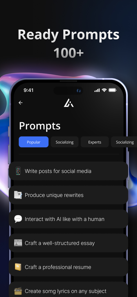 AI Chat on - My Assistant Pro - Smartphone screen showing a list of over 100 ready prompts for an AI assistant app