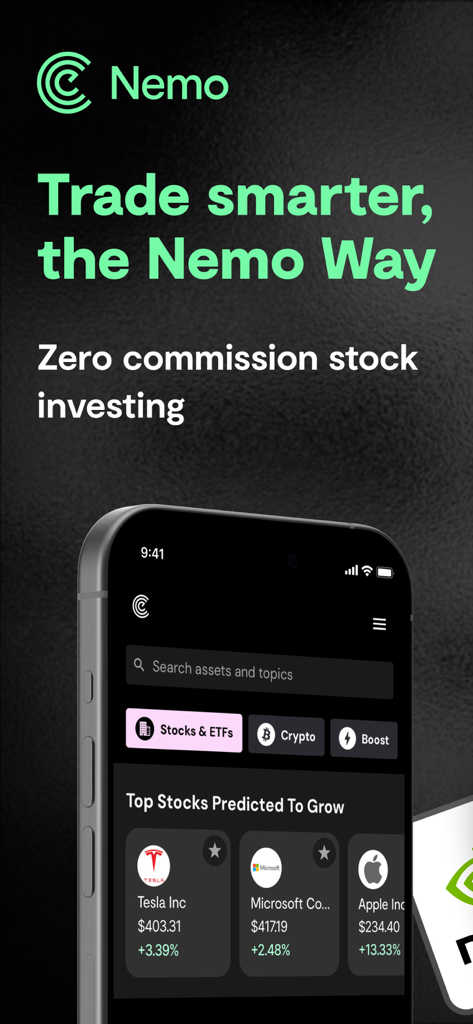 Invest & Trade : Nemo Money - Nemo Money app dashboard showing top predicted stocks and zero commission investing text