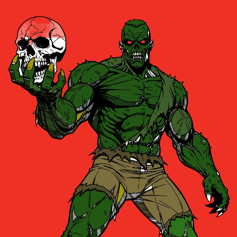 zombie holding a skull no background