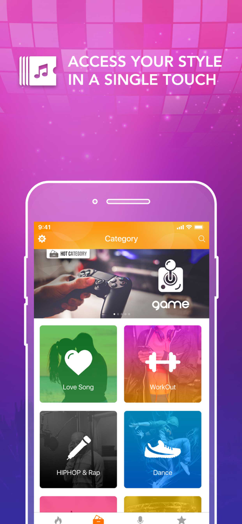 A smartphone showing the karaoke app category screen with music genres like Love Song and Hip Hop