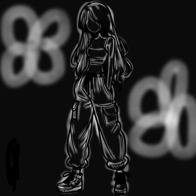 girl in baggy pants crop top and long hair