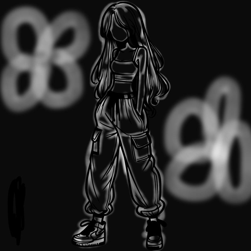 girl in baggy pants crop top and long hair