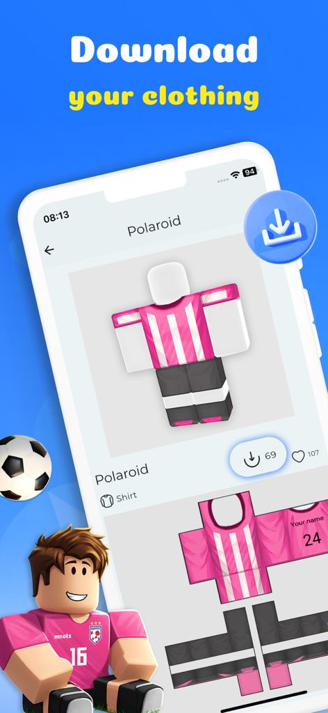 Clothes for Roblox Skins Maker - Mobile app screen showing a 3D preview and flat template of a custom pink and white striped Roblox shirt ready for download.