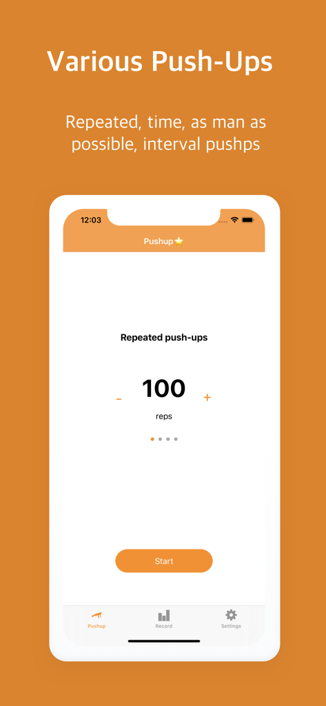 Pushupstar: push ups counter - Pushupstar app interface showing a repeated pushups workout mode with a 100 reps goal.