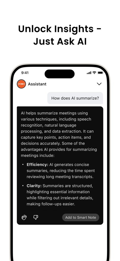 Capture d'écran de l'application VOMO montrant la fonctionnalité Demander à l'IA pour les résumés de réunion