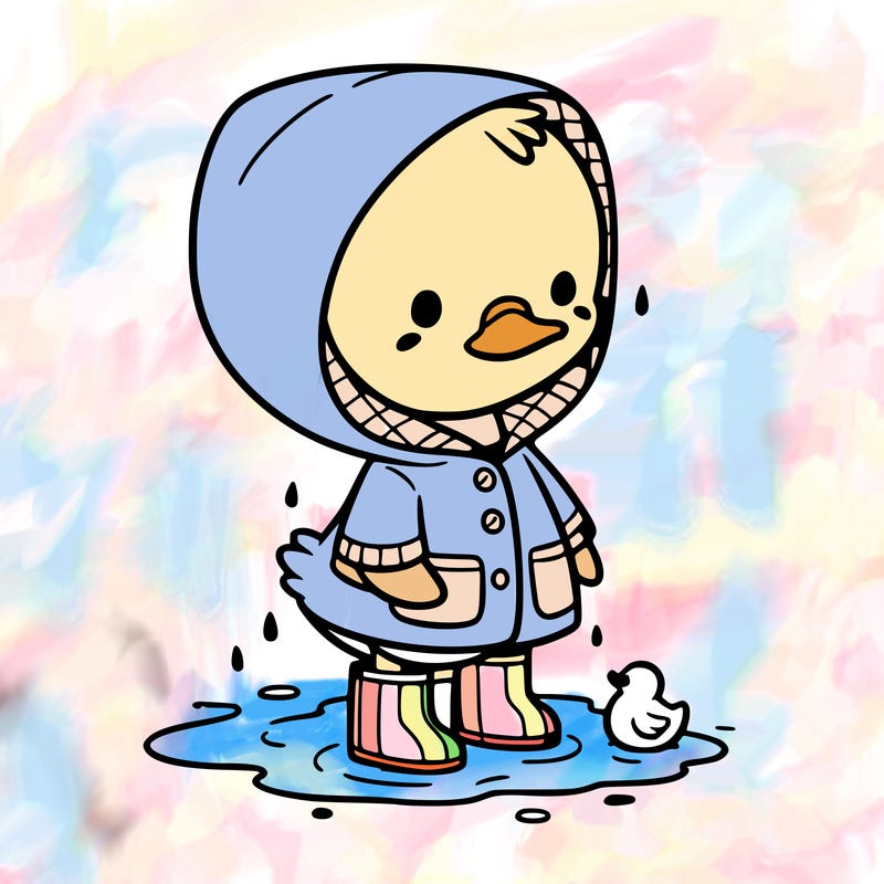 baby duck in a rain coat and boots, in a puddle while it’s raining