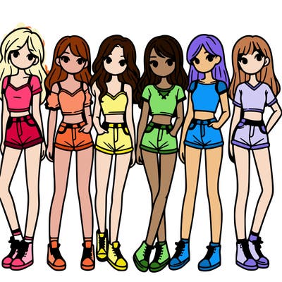 a group of girls wearing crop tops and shorts
