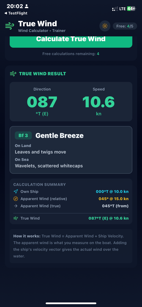 True Wind Pro - True Wind Pro app screen showing wind direction, speed, Beaufort scale interpretation, and calculation summary for maritime navigation.