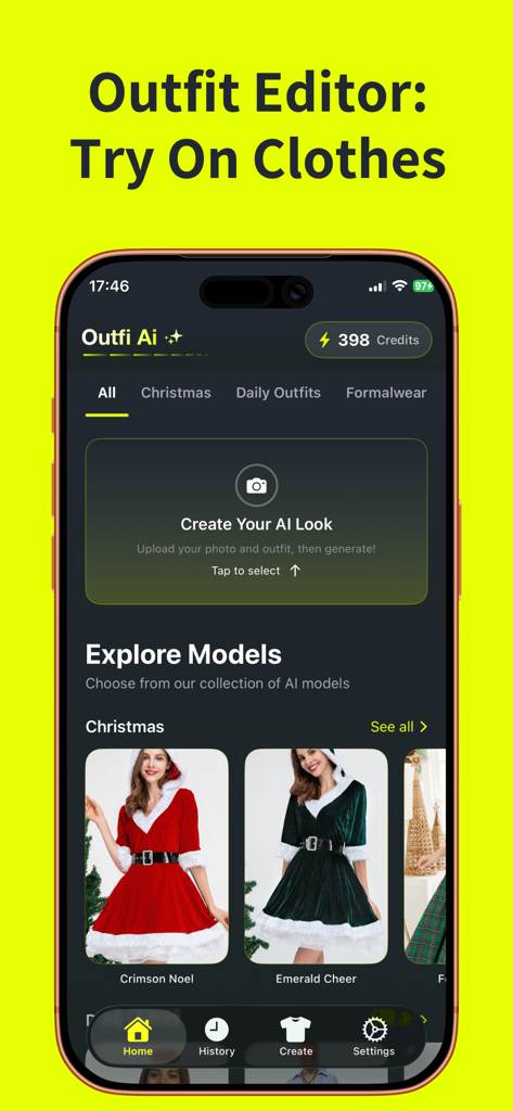 AI Clothes Changer: Outfi AI - 크리스마스와 같은 가상 의류 착용 및 계절별 의상 카테고리를 특징으로 하는 Outfi AI 앱 인터페이스