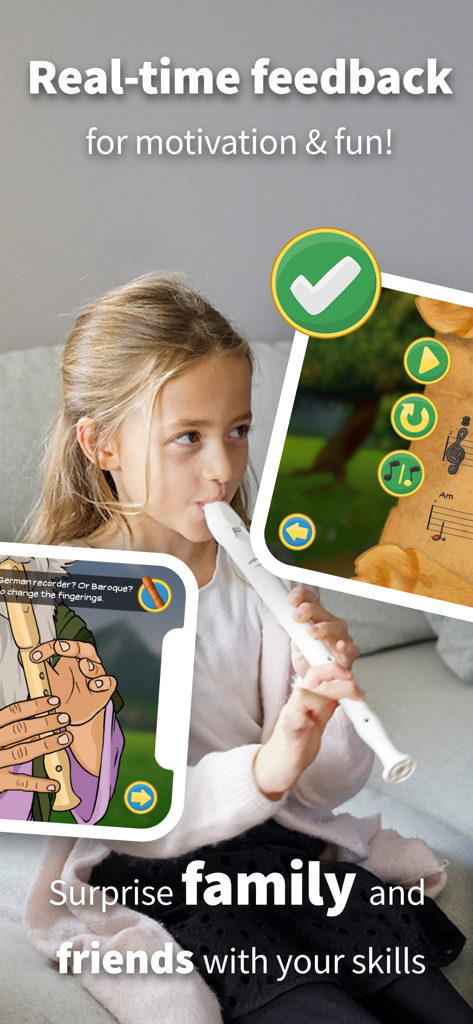 Learn recorder: Flute Master - Ein junges Mädchen spielt eine weiße Sopranblockflöte und nutzt die Flute Master App für Echtzeit-Feedback und Musikübungen