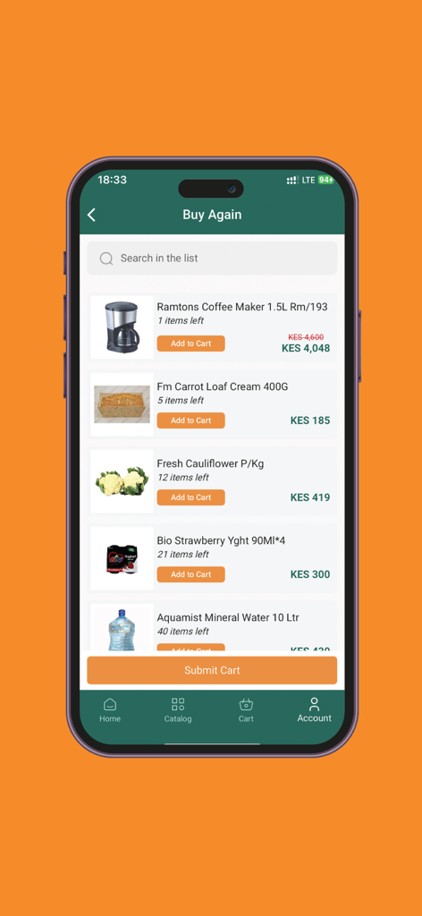 Tela Comprar Novamente do aplicativo móvel Naivas Online mostrando uma lista de comestíveis e itens domésticos para reordenar