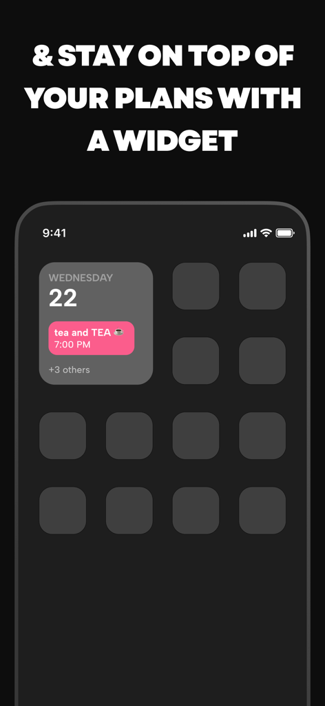 An iPhone home screen featuring a Howbout app widget displaying a social event for tea at 7 PM on Wednesday the 22nd