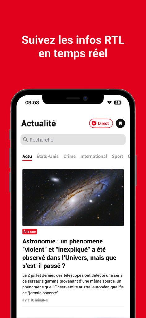 RTL mobile app news interface showing a featured article about astronomy with a galaxy image