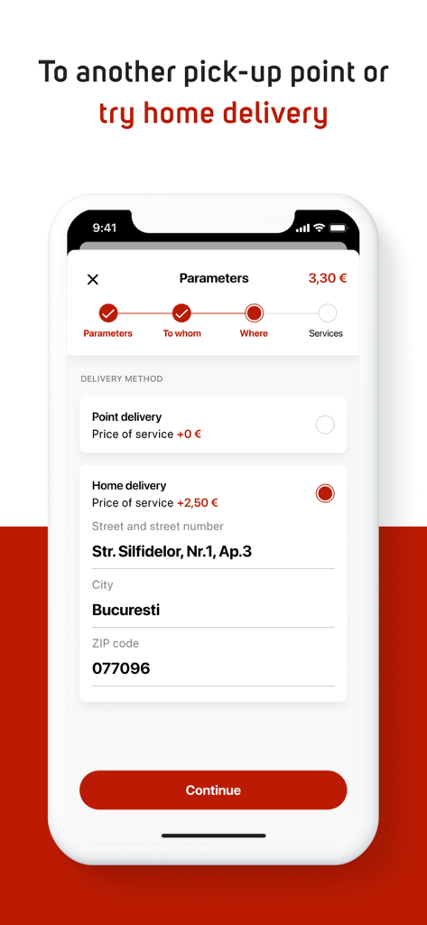 Packeta - Packeta App-Bildschirm zur Auswahl der Heimliefermethode und Eingabe einer Lieferadresse