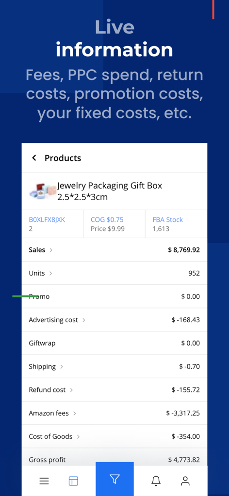 sellerboard-App-Dashboard, das Live-Gewinnanalysen und Kostenaufschlüsselungen für ein Amazon-FBA-Produkt zeigt