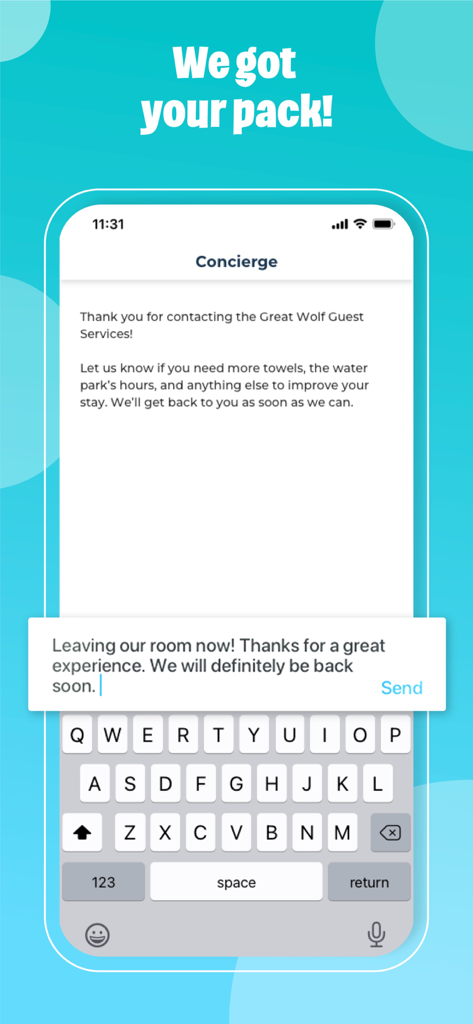 The guest services chat interface in the Great Wolf Lodge app showing the concierge feature