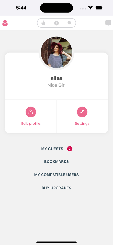 OneMeetUp Dating app:Chat&Date - Interfaz de perfil de usuario de la aplicación de citas OneMeetUp mostrando configuración y menú de navegación