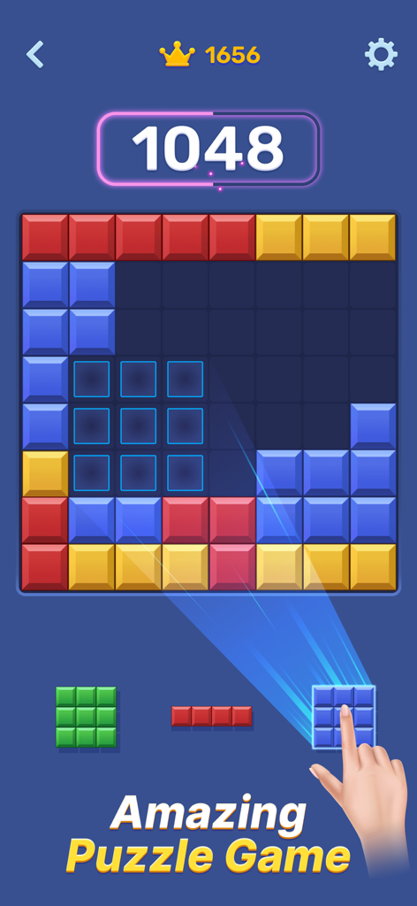Block-Tok: Puzzle Game - Block-Tok Mobile-Puzzle-Spiel-Raster mit bunten Blöcken und einer Hand, die ein Teil zieht
