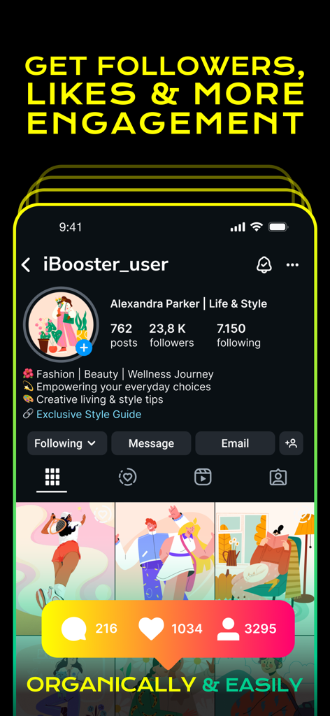 Likes for Instagram: iBooster - Instagramのフォロワー数やいいね数などのプロフィール指標を表示するiBoosterのモバイルアプリインターフェース