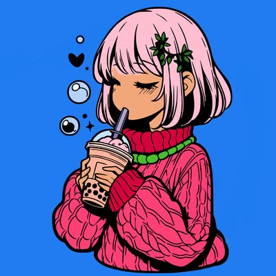 manga girl drinking boba in cozy sweater