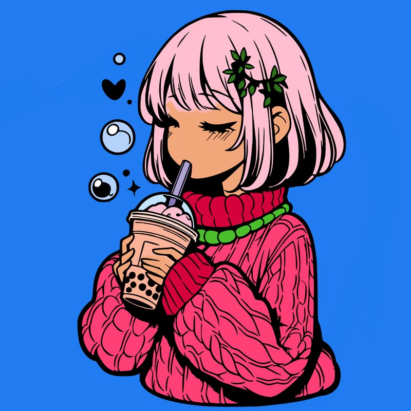 manga girl drinking boba in cozy sweater