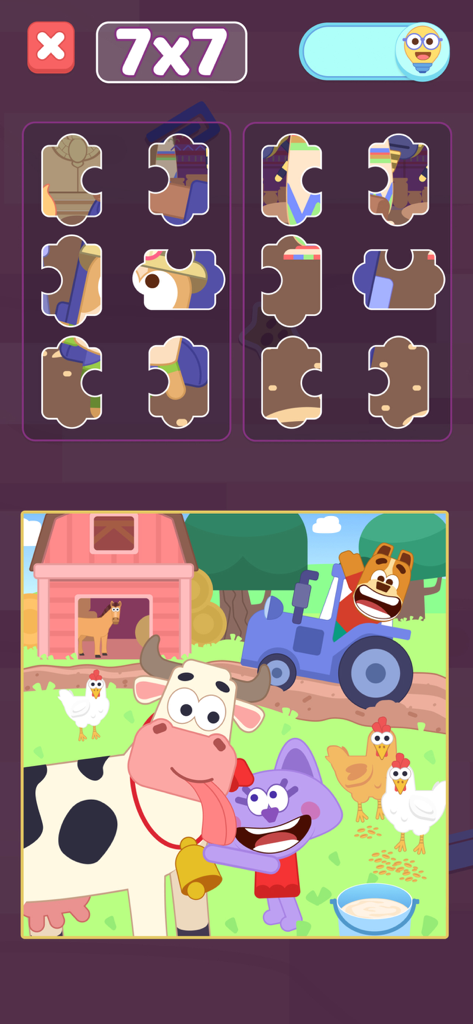 Smart Kids: Learning Games - A preschool jigsaw puzzle game featuring farm animals and a tractor.