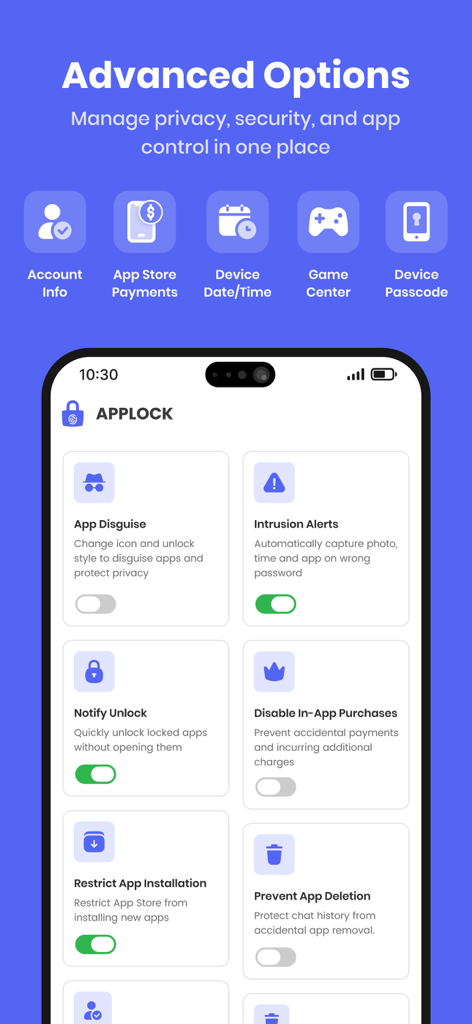 AppLock - App Lock & Guard - Advanced security settings interface of AppLock app showing privacy and control options