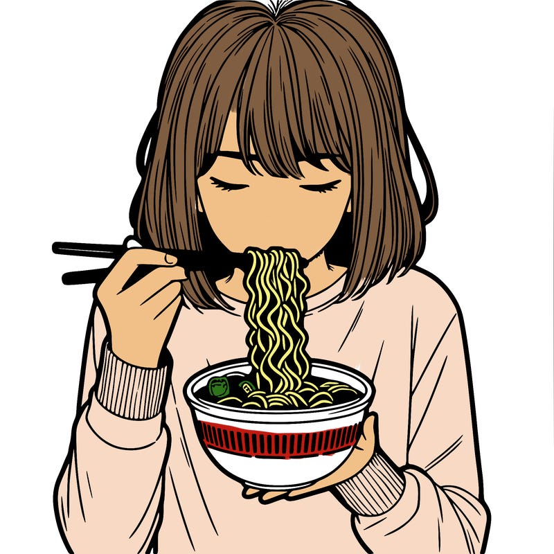 a girl realistic eating ramen noodles