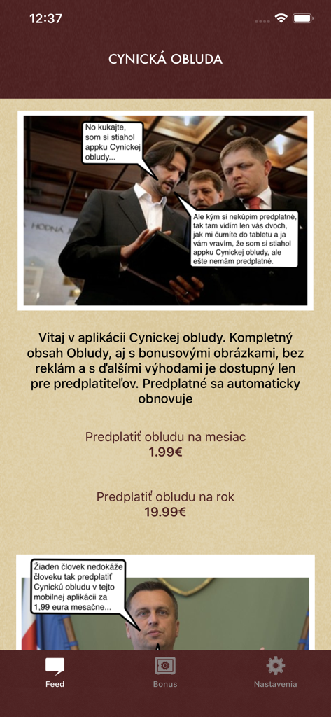 Página de assinatura do aplicativo móvel Cynicka obluda com quadrinhos de sátira política eslovaca e preços.