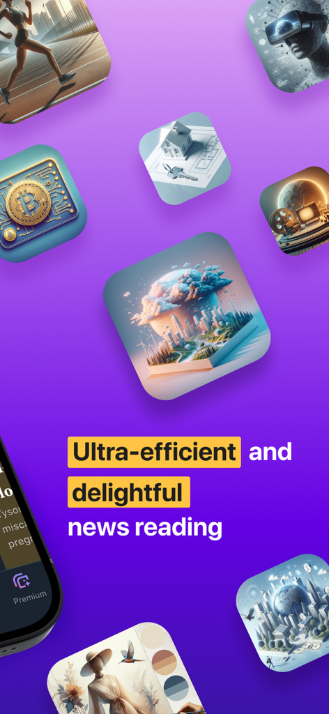 NewsCvg: World News Coverage - 보라색 배경에 금융, 기술, 스포츠와 같은 다른 뉴스 주제 아이콘과 텍스트 '매우 효율적이고 즐거운 뉴스 읽기'가 표시된 NewsCvg 앱 프로모션 화면