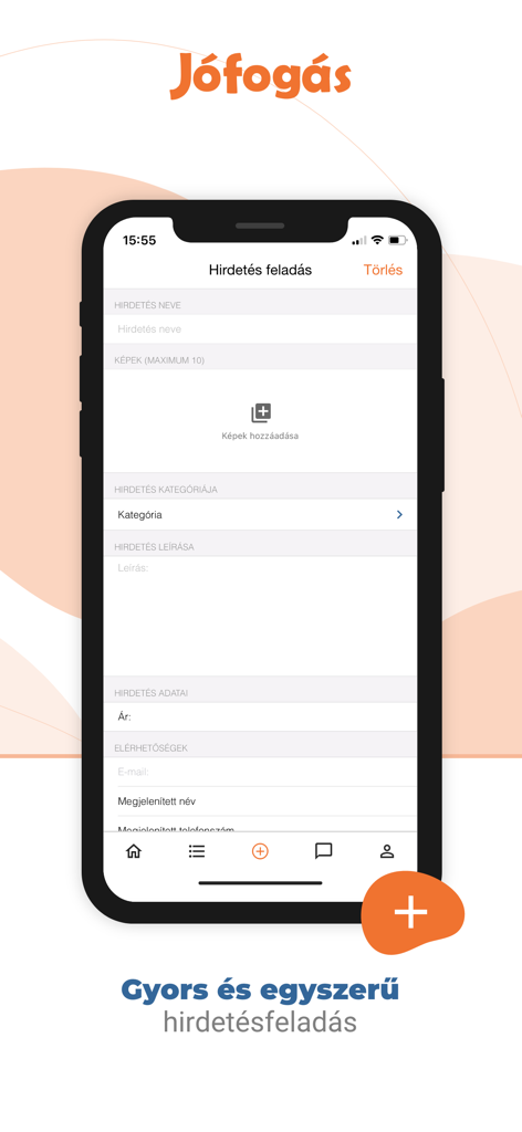 Smartphone screen showing the Jofogas app form for creating a new classified listing