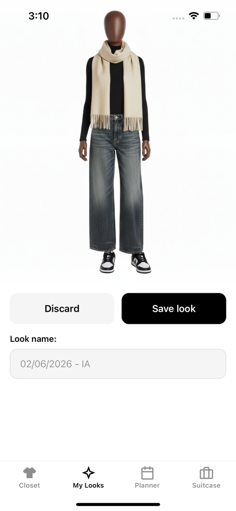 AI Dresser: Outfit Planner - A virtual mannequin in the AI Dresser app displaying a curated outfit with a scarf, jeans, and sneakers.