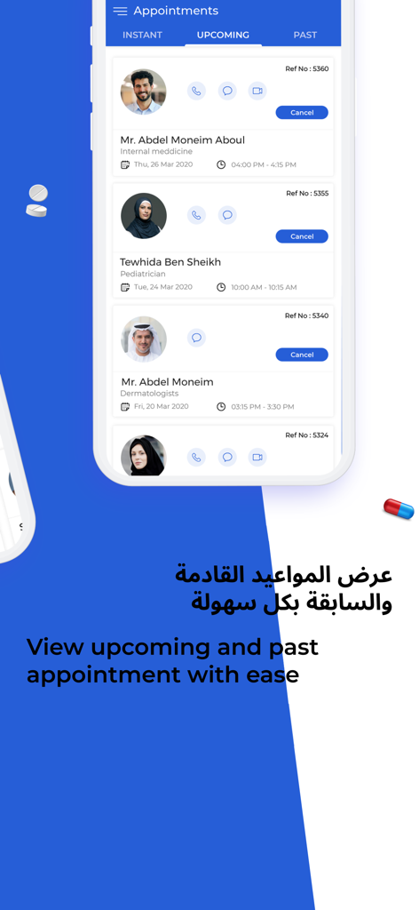 Doctoray - A mobile screen showing a list of upcoming medical appointments with specialists on the Doctoray telehealth app.