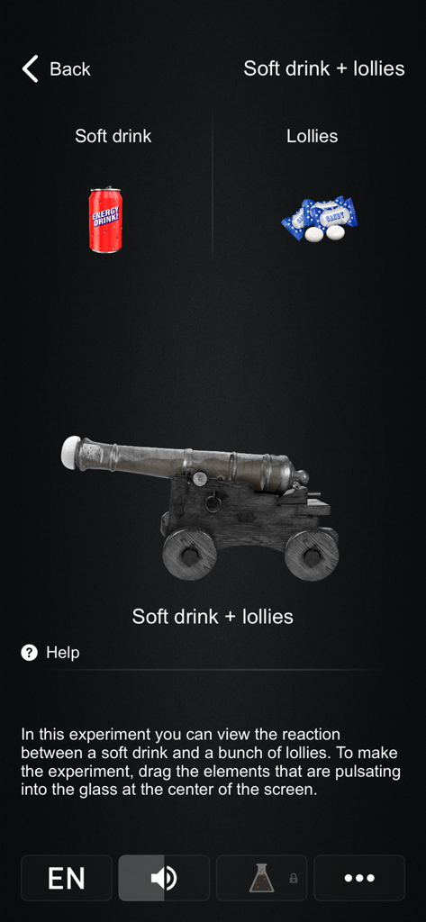 Periodic Table PRO - Interface of a virtual chemistry laboratory showing an experiment with a soft drink and lollies