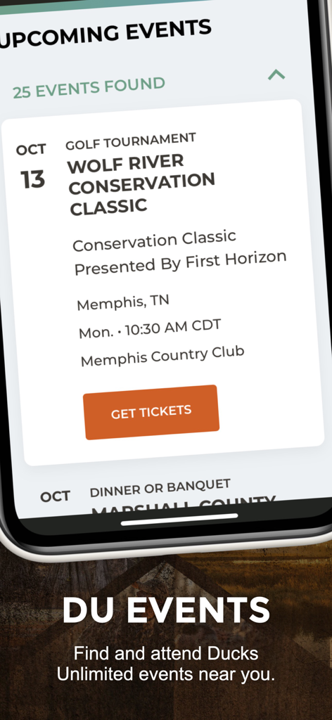 The Ducks Unlimited app interface displaying a list of upcoming community events and golf tournaments for conservation.