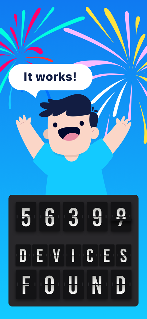Find Device - bluetooth finder - Niño de dibujos animados celebrando con una burbuja de diálogo que dice 'funciona' y un contador de dispositivos encontrados