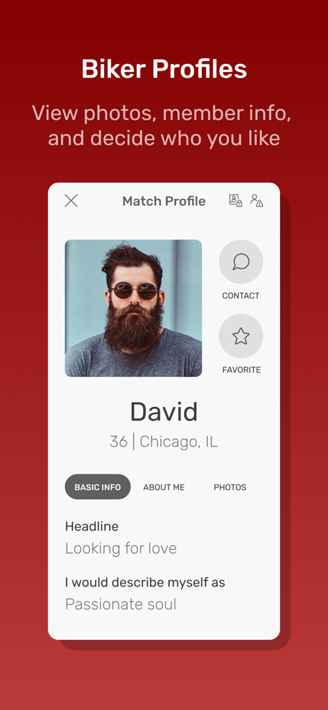 Biker Planet Dating App - A biker profile view on the Biker Planet dating app showing a male member named David with his bio and location info