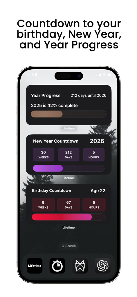 Lifetime: Life Progress - iPhone-Startbildschirm, der Widgets für Jahresfortschritt und Countdown für Neujahr und Geburtstag anzeigt