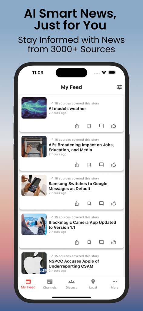 Flujo de noticias de IA personalizado en la aplicación LetMeKnow que muestra historias y agrupaciones de noticias seleccionadas de múltiples fuentes.