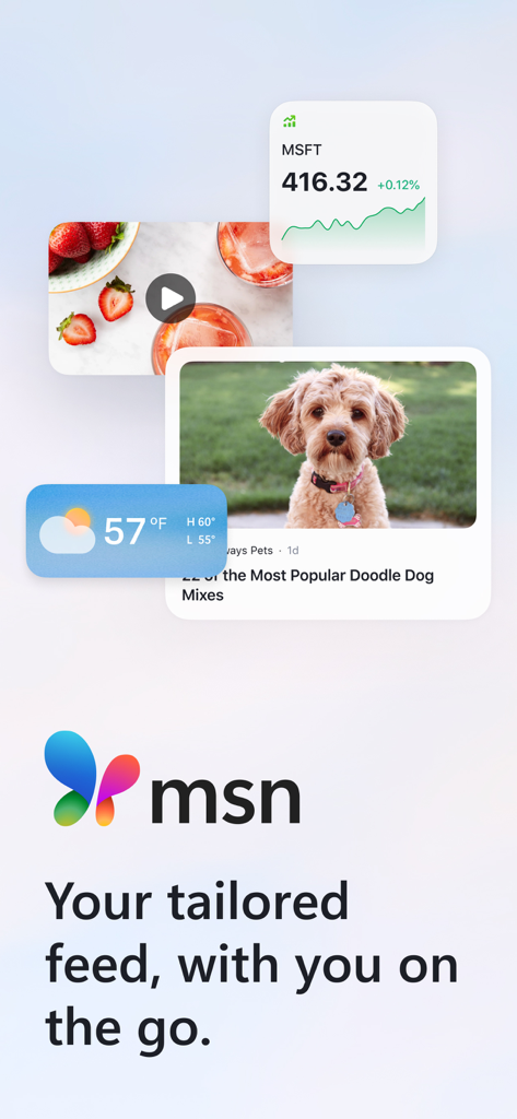 MSN app interface displaying a personalized feed with weather, stock market data, and news stories