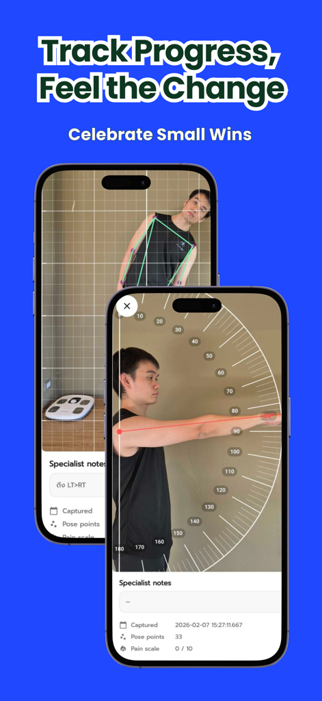 PhysioAI: Posture & Body Scan - Interfaz de la aplicación PhysioAI que muestra escaneos de postura y mediciones del rango de movimiento para rastrear el progreso físico