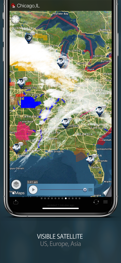 A high-resolution visible satellite map showing cloud cover and storm locations over the United States.