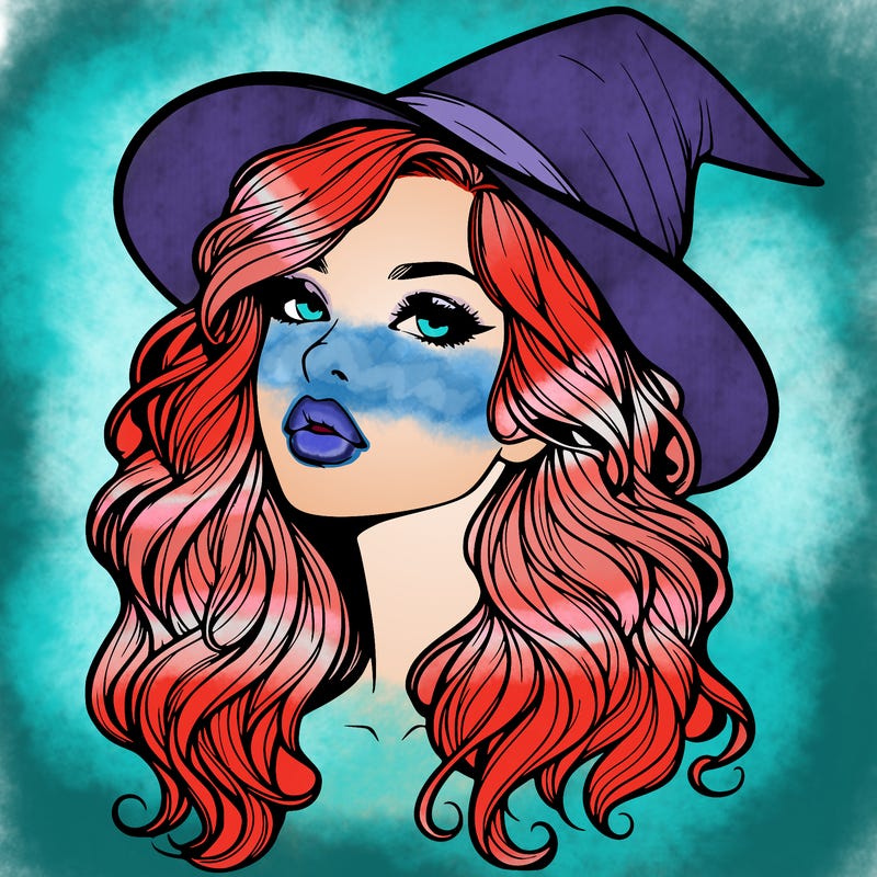 realistic witch girl with wavy hair and lips