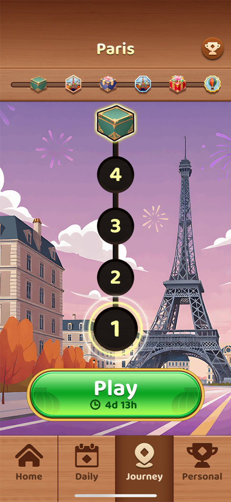 Mahjong Hybrid-Spiel-Reisemodus mit einem Paris-Stadtthema und Level-Fortschritt