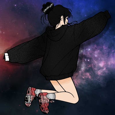 realistic girl jumping with a bun and oversized sweatshirt