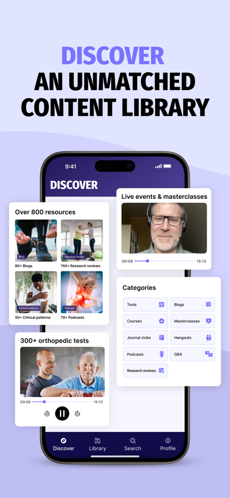 Physiotutorsアプリのインターフェース。臨床リソース、整形外科テスト、マスタークラスのライブラリが表示されます。
